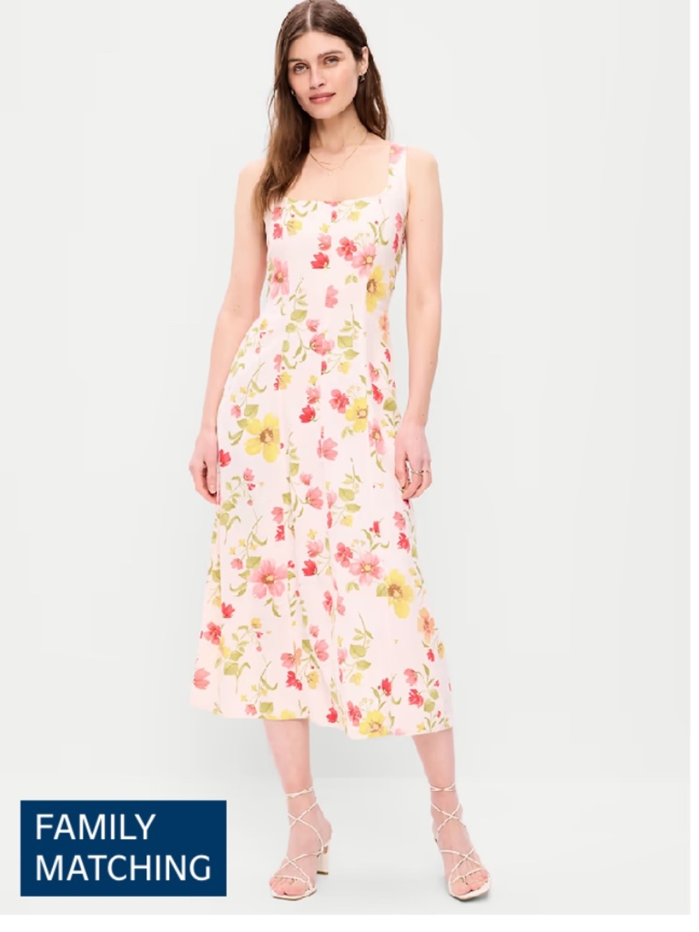 Fit & Flare Sleeveless Linen-Blend Midi Dress in Pink Floral